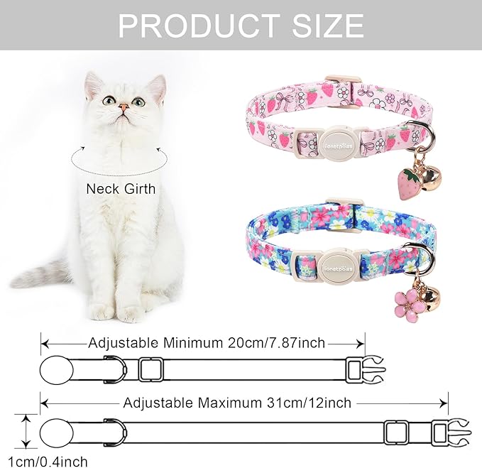 Lionet Paws 2pcs Pack Cotton Cat Collar,Breakaway Buckle with Floral Strawberry Bow and Flower Pendant Cute Adjustable Cat Kitten Collar,Ideal for Girl Cats