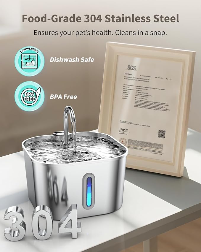 Cat Water Fountain Stainless Steel with 4 Filters & 4 Sponges, 74oz/2.2L Cat Fountain with Quiet Pump, Automatic Pet Water Dispenser, Ideal for Multi-pet Homes, Fresh & Clean Water for Cats and Dogs