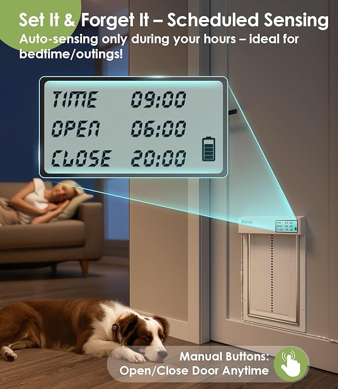 Automatic Dog Door with Collar Sensor, 2-Flap Large Electronic Dog Door for Door with Anti-Pinch, Mains-Powered, LCD Display, Timing Function, Metal Frame- L