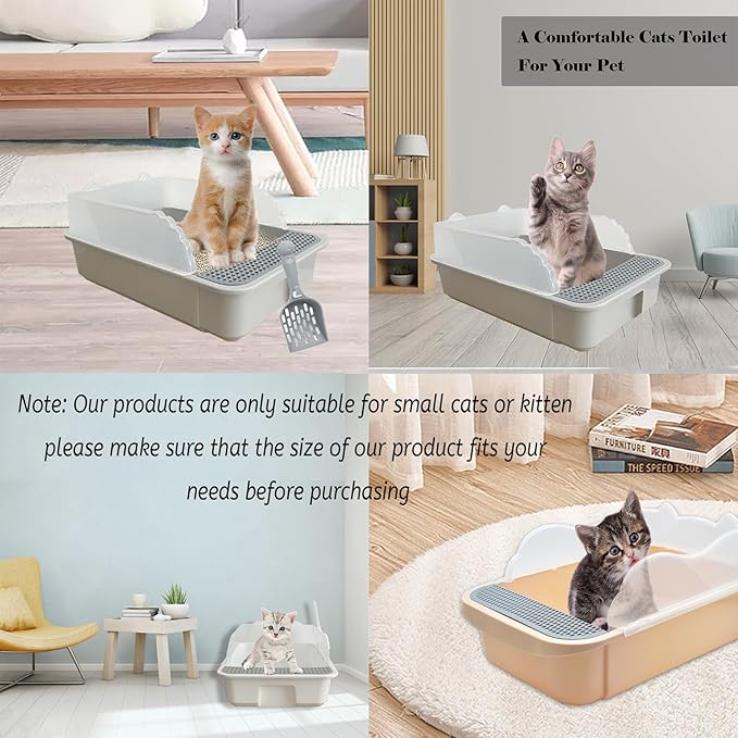 kathson Open Cat Litter Box with High Side,Anti-Splashing Cats Litter Pan,Kitten Toilet with Litter Sifting Scoop,Semi-Enclosed Removable Kittens Litter for Boxes Easy to Clean No Odor 11×17×7 inches