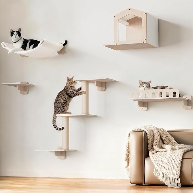 Cat Wall Shelves for Large Cats, 5-in-1 Cat Wall Furniture with Large Hammock and Wide Perch, Wooded Wall Climbing Furniture Set for Indoor Cats