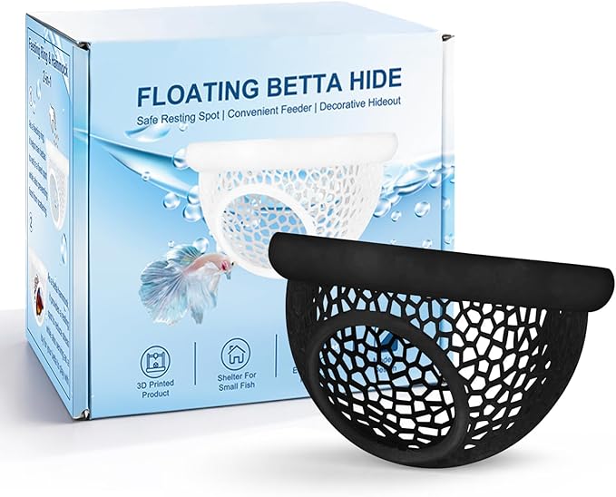 Floating Betta Hide & Shrimp Cave – 3D Printed Aquarium Decor, Multi-Functional Hammock, Feeding Ring & Safe Resting Spot for Betta, Shrimp & Small Fish (PLA, Eco-Safe)
