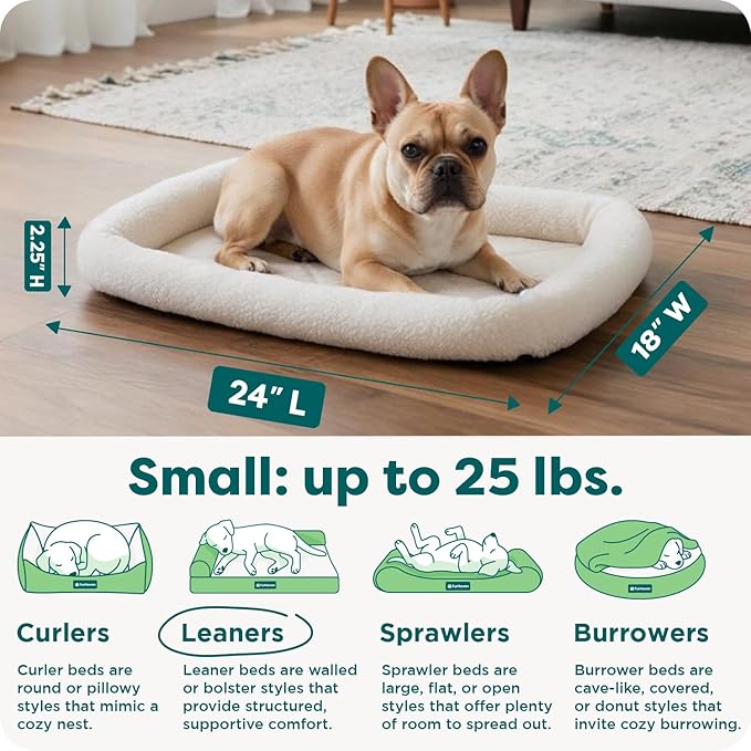 FurHaven Dog Bed for Small Dogs & Cats, Bolster Crate Pad with Soft Supportive Base for Carriers & Kennels, Machine Washable, Small, Sherpa Fleece, Cream