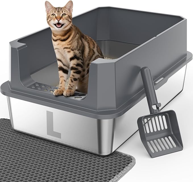 FURTIME Stainless Steel Litter Box with Lid, Large Metal Cat Litter Box for Big Cat, Large Cat Box High Sided with Non-Stick, Odor-Resistant, Anti-Urine Leakage, Easy Cleaning, Includes Scoop and Mat