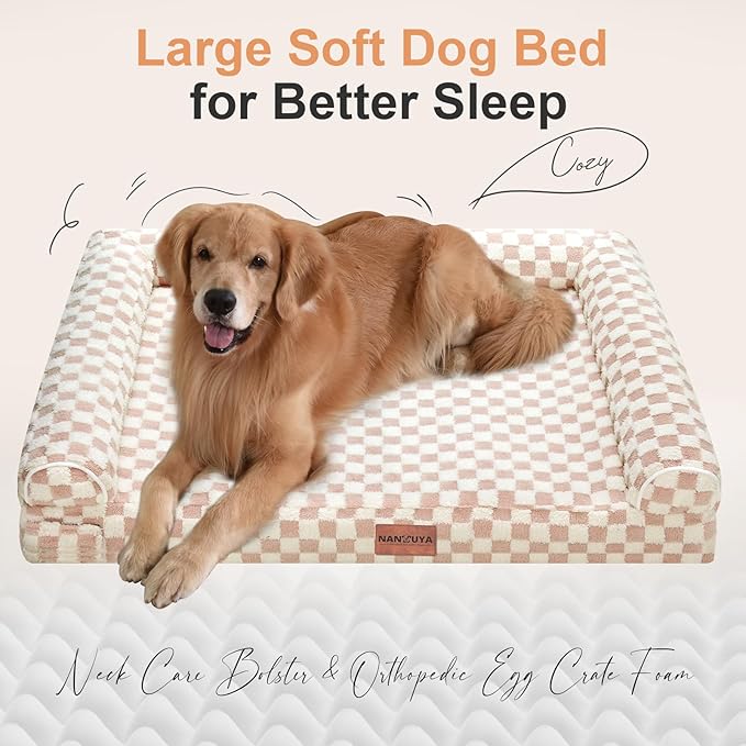 Large Dog Bed Orthopedic Washable: Beds Bolster XL Bed Large Big Dogs Egg Crate Foam Couch Sofa Waterproof with Removable Cover - Pink Grid