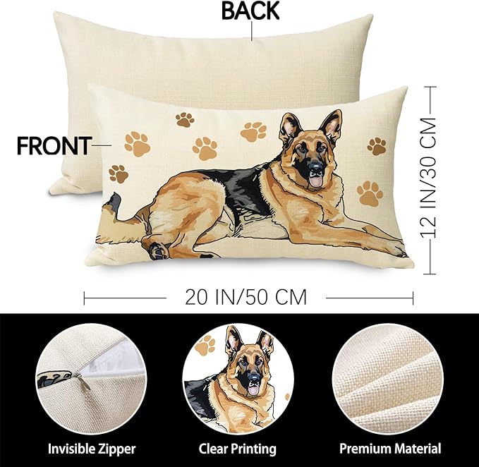 German Shepherd Dog Lumbar Decorative Throw Pillow Cover 12 x 20, Rectangular Paw Prints Outdoor Home Decor Pet Owner Lover Gift, Sofa Couch Cushion Case Housewarming Gifts