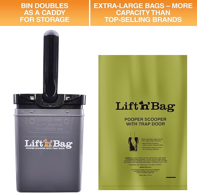 Neater Pet Brands Lift N’ Bag 2.0 Dog Pooper Scooper with Bag Attachment for Small to Large Dogs, New & Improved Design, 15 Refill Bags, Heavy Duty Dog Poop Scooper for Yard & Walks, One-Hand Use