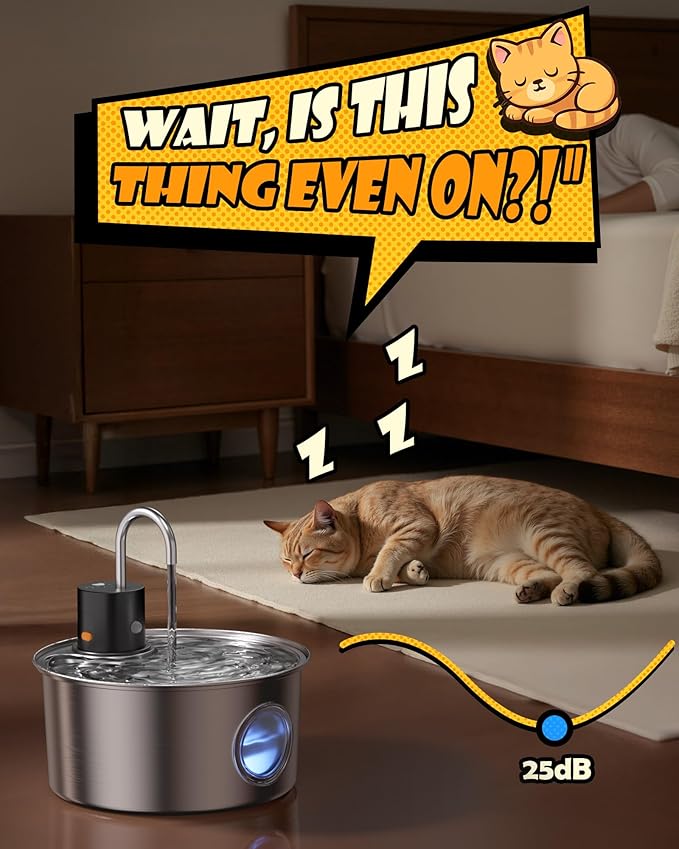 Wireless Cat Water Fountain Stainless Steel, Cordless Automatic Pet Water Dispenser for Cats Indoor, Small Dogs, 108oz/3.2L Rechargeable Pet Drinking Fountain with Motion Sensor