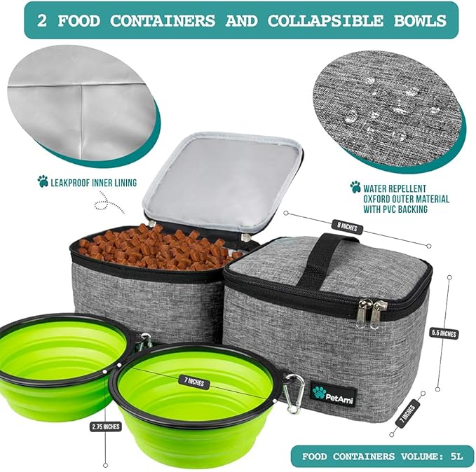 PetAmi Dog Travel Bag - Travel Pet Organizer with Food Container and Bowls, Perfect for Weekend Camping, Cat Diaper Bag (Grey, Large)