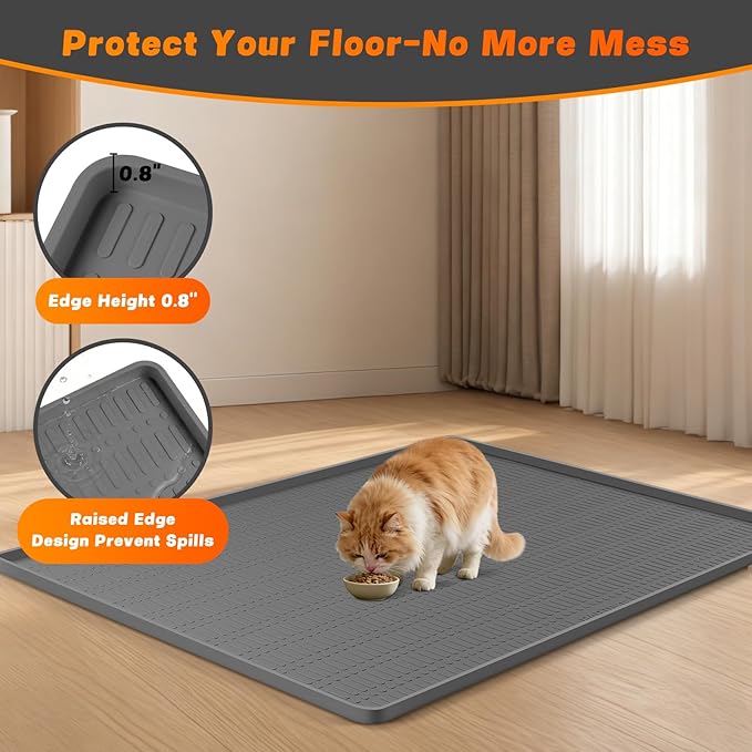 47" x 35" Silicone Cat Food Mat, Waterproof Pet Feeding Mat with Raised Edge, Extra Large Cat Bowl Mat Water Bowl Placemats for Cats, Non-Slip, Protects Floors, Easy to Clean (Dark Gray)