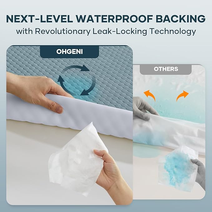 OhGeni 100% Waterproof Mattress Protector,Queen Size Mattress Soft Pad,Pet Hair & Bedwetting Resistant,Cooling Breathable Fitted Sheets,Washable Bed Cover,Non-Slip Deep Pocket,Noiseless,Lake Blue