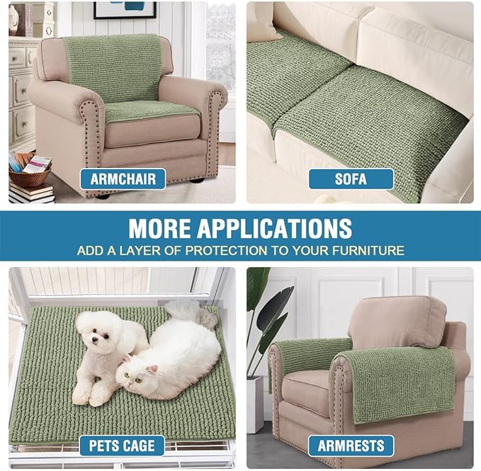 H.VERSAILTEX Plush Chenille Couch Armrest Cover 2 Packs Thick and Soft Sofa Covers Furniture Protector Cover for Pets (27.5" x 27.5", Sage)