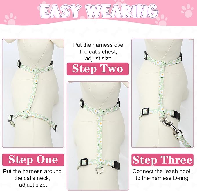 2 Pack Floral Cat Harness and Leash, Escape Proof Adjustable Kitten Harness with Leash Collar, Lightweight Soft and Comfortable for Small Medium Cat Safe Walking and Travel