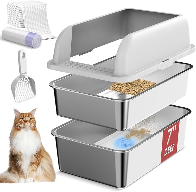 7" Deep Stainless Steel Sifting Litter Box for Pine Pellets, XL Stainless Steel Litter Box with Lid, Removable & Anti-Leakage, High Sides Metal Cat Litter Boxes for Big Cat, Non-Sticky, Easy Cleaning