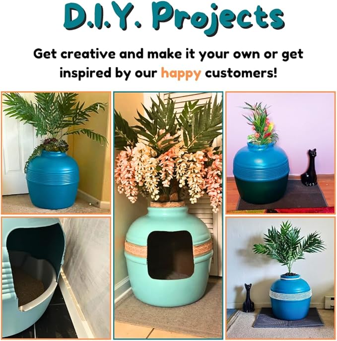 Good Pet Stuff Hidden Litter Box Planter, Decorative Cat Litter Enclosure with Carbon Filter, Artificial Plant, Easy Clean, Removable Liner, Round Style, Essentials Kit, Coastal Blue