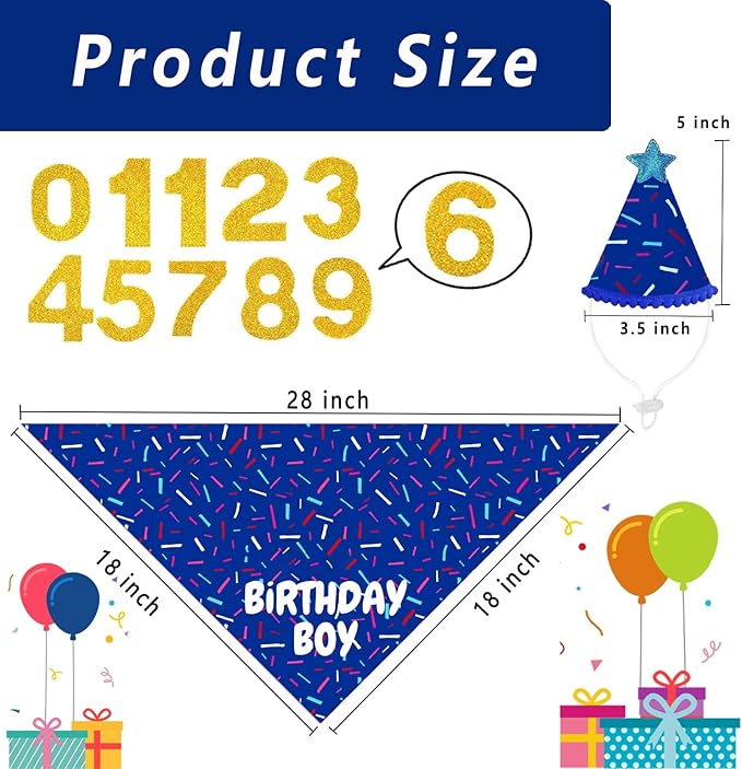 Dog Birthday Bandana Set, Blue Birthday Boy Decorations, HBD Party Supplies with Hat Kerchief Numbers for Pets (Blue)