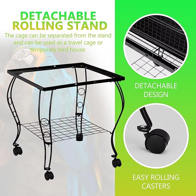 SUPER DEAL 63.5'' Rolling Bird Cage Large Wrought Iron Cage for Cockatiel Sun Conure Parakeet Finch Budgie Lovebird Canary Medium Pet House with Rolling Stand & Storage Shelf