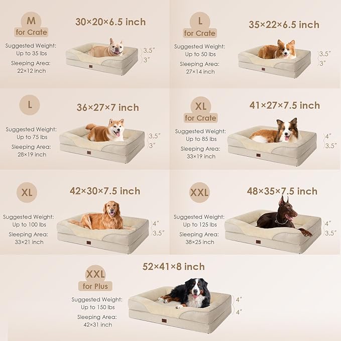 EHEYCIGA Orthopedic XL Dog Bed for Large Sized Dog, 48x35x7.5 Inch Extra Large Memory Foam Dog Couch Bed with Sides, Waterproof Liner & Washable Removable Cover, Bolster Pet Sofa, Beige