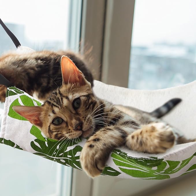 Jetec 2 Pack Cat Hammock for Cage, Catio Accessories Reversible Soft Cats Bed with Adjustable Straps and Hooks Double-Sided Linen and Fleece Hanging Hammock for Cats, Kitten(Monstera Leaf,M)
