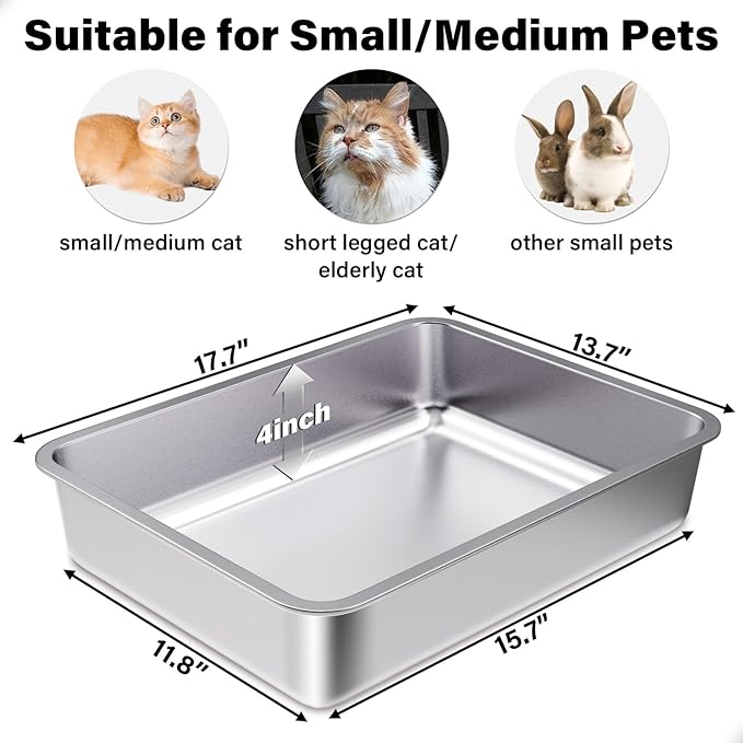 Stainless Steel Litter Box, Metal Litter Boxes 17.7" x 13.7" x 4",Small Litter Box for Kittens,Easy Entry Easy Clean Non Stick No Smell for Senior Cats or Short Legged Cat/Bunny