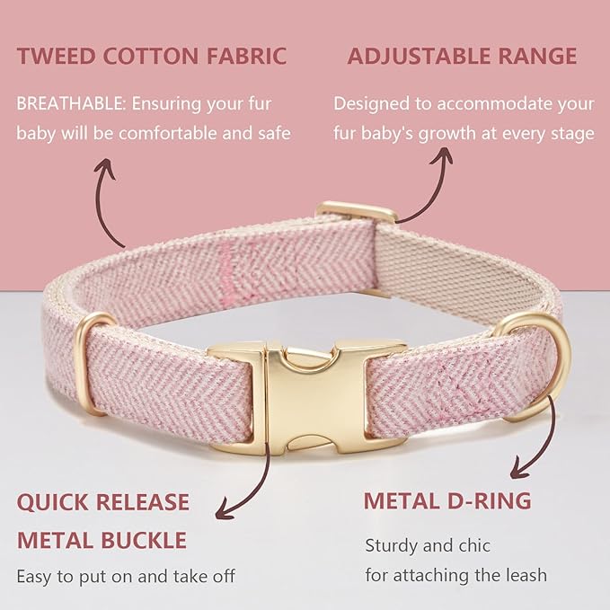 Soft Cotton Hemp Dog Collar with Metal Buckle Adjustable Tweed Dog Collars for Female Small Medium Large Dogs(Pink,Small)