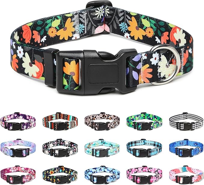 Mercano Adjustable Dog Collar - Special Design Patterns, Soft Nylon Comfortable Durable Pet Collar for Small Medium Large Dogs (L, Floral Orange)