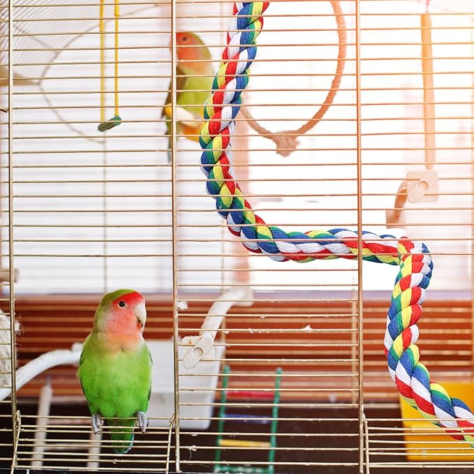 Bird Rope Perch 24 Inch, Colorful Cotton Parrot Bungee Swing, Bendable Cage Climbing Toy & Stand Accessories for Parakeets, Cockatiels, Conures, Lovebirds