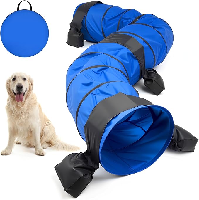 28 in 18 Foot Blue Extra Large Dog Agility Tunnel with Sandbags Dogs Agility Training Equipment Tunnel with 4 Pack Sandbags Carry Bag and 4 Ground Spikes for All Medium and Large Dogs
