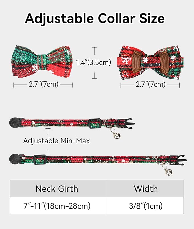 Joytale Upgraded Christmas Cat Collar with Bells, Breakaway Cat Collars with Bow Tie, 1 Pack Girl Boy Safety Plaid Kitten Collars, Christmas Green