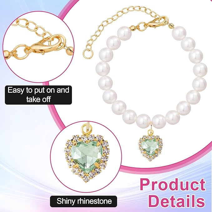 2pcs Cat Pearl Collar with Heart Pendant, Cute Pearl Pet Necklace in Small, Adjustable Wedding Party Small Dog Jewelry Accessories for Puppy Kitten- White & Green