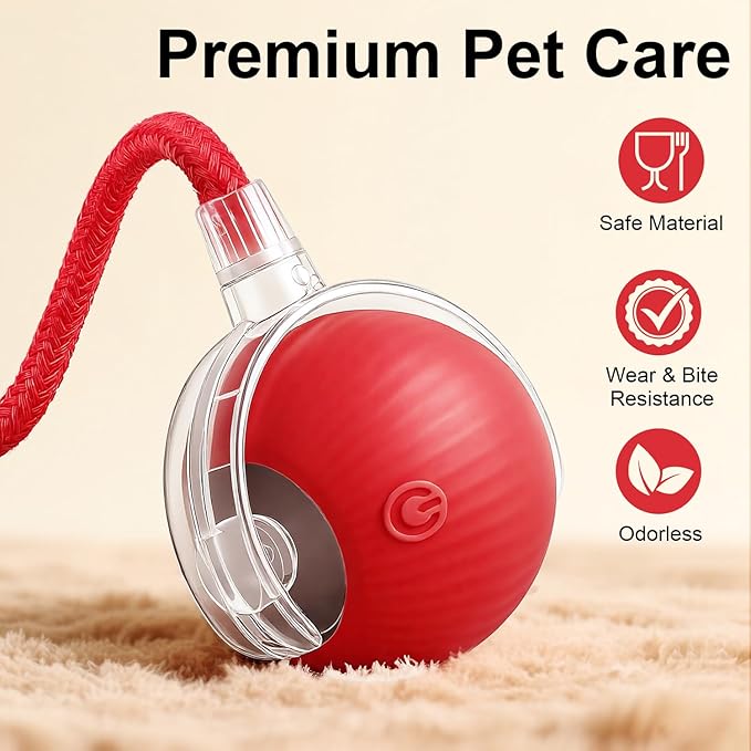 Interactive Electric Automatic Rolling Moving USB Rechargeable Self Activated Play Stimulation Toy Smart Chase Teaser Ball with Speedy Tail Rope for Bored Adult Indoor Cats and Dogs, Red