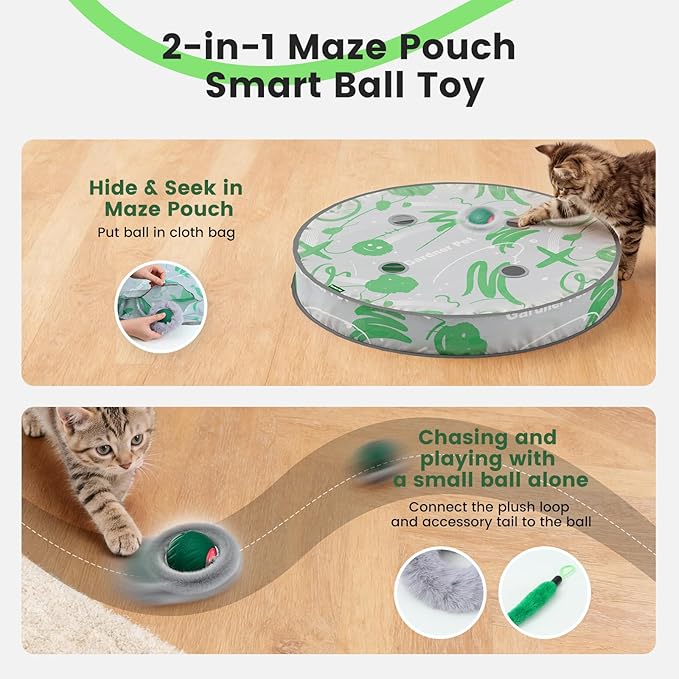 Gardner Pet Interactive Cat Toys Ball,Self Moving Ball in 4 Holes Play Mat,Tap Activation Moving Toy Hide and Seek Exercise Kicker Catching Game for Indoor cat,Real Bird Calls,USB Charging,28 Inch