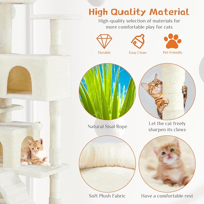 Sweetcrispy 54 Inch Cat Tree Tower, Multi-Level Tower with Cat Scratching Post, Indoor Cat Condo with Climbing Ladder, Plush Toy, Play House for Cat, Beige