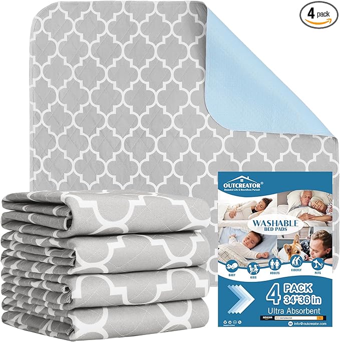 OUTCREATOR® Washable Bed Pads 34" x 36" (Pack of 4), Incontinence Mattress Protector, Anti-Slip Waterproof Underpads for Adults Kids Elderly Pets, Absorbency & Reusable Bedwetting Pads (Gray)