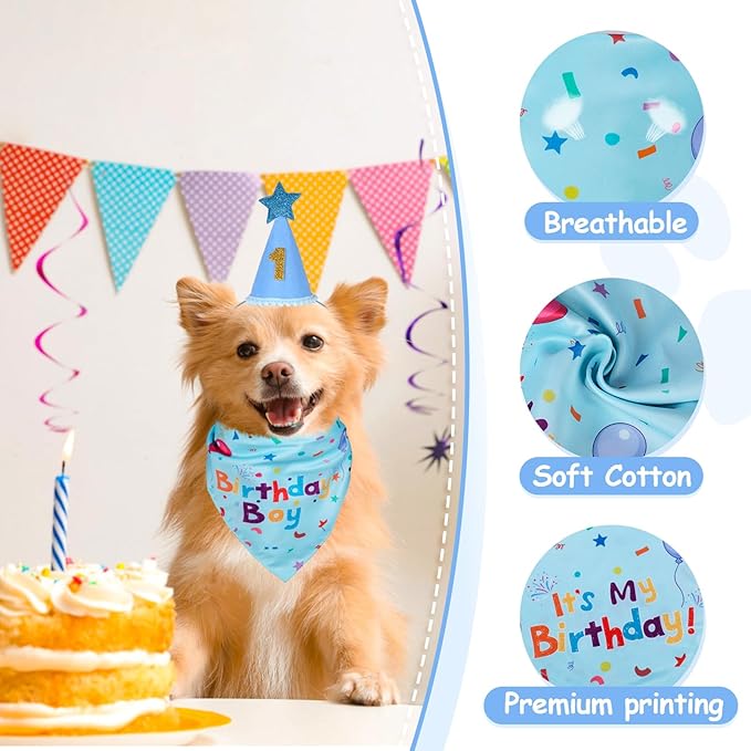 Dog Birthday Bandana Set, Dog Birthday Party Supplies, Puppy Boy Girl Birthday Party Hat with Numbers for X-Small, Small and Meidum Puppy (Blue)