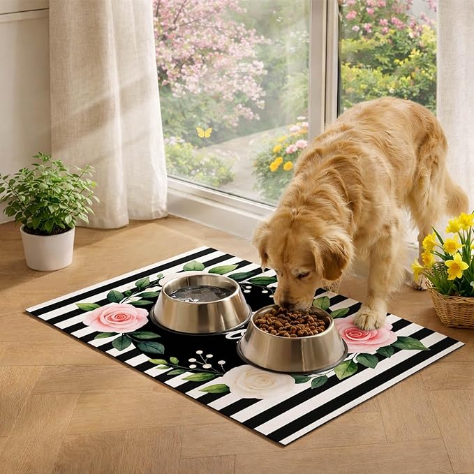 Pet Feeding Mat 24" x 16" Floral Stripe Welcome Design Non Slip Dog Food Mat and Cat Food Mat Easy Clean Puppy Feeding Mat for Indoor Cats Large Pet Food Mat for Food Bowls