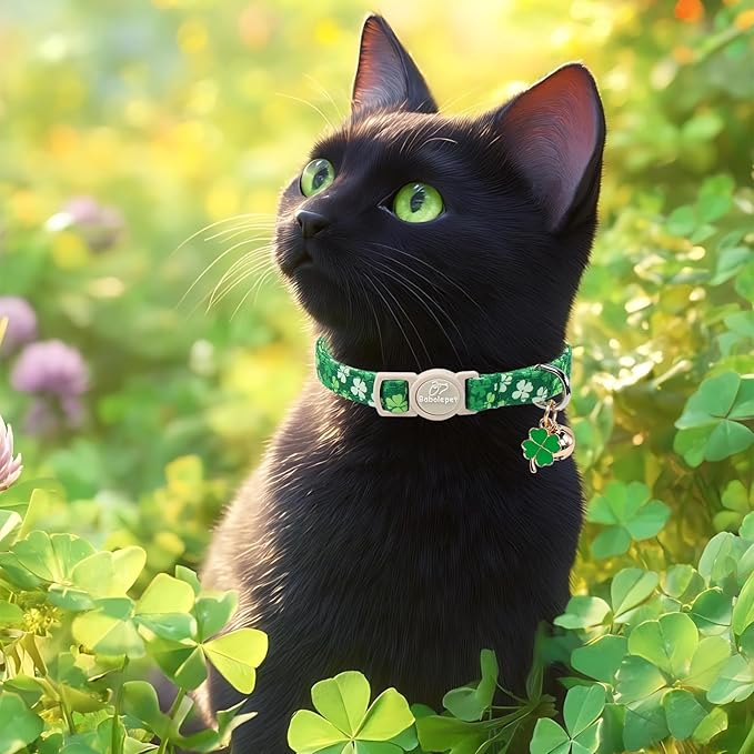 2 Pack St. Patrick’s Day Cat Collars - Breakaway Cat Collar with Bell, Lucky Clover Pendant, Adjustable Cute Green Bold Shamrock Kitten Collars for Boy Girl Cats