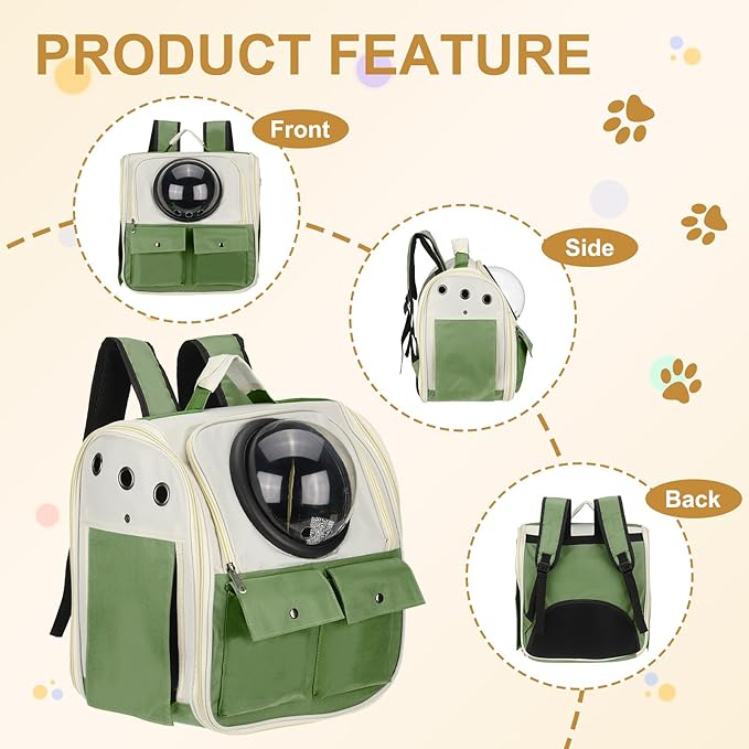 Pet Backpack Carrier, Portable and Ventilated, Oxford Cloth, Dogs Cats and Small Animals Travel Bag 12.99", (Dark Green, 1 Pcs), Intended for Hiking/Camping/Traveling