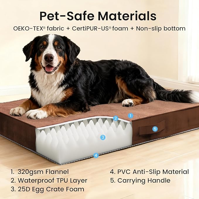 OhGeni Orthopedic Waterproof Dog Bed for Extra Large Dogs, Machine-Washable Removable Cover in Easy-Clean Fabric, High Density Foam & Easy-Carry Handle, Suitable for Crate, 47 inch (Brown)