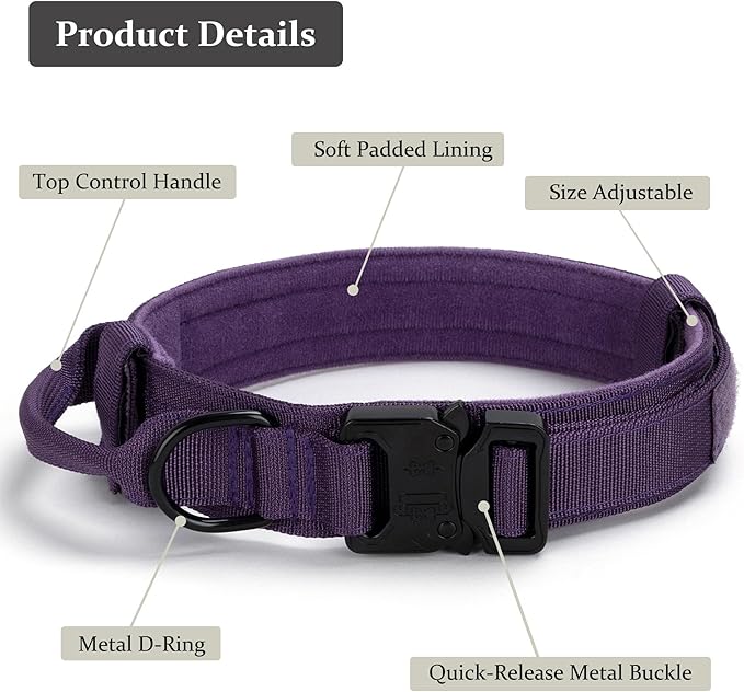 Tactical Dog Collar, Adjustable Military Training Nylon Dog Collar with Control Handle and Heavy Quick-Release Metal Buckle for Small Medium Large Dogs, Purple XL