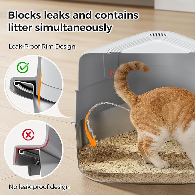 XL Stainless Steel Corner Cat Litter Box with Lid - Sturdy, No Odor & Space-Saving Hidden Design for Large Cats, Grey