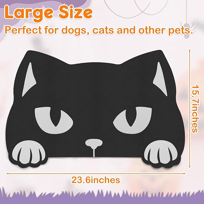 Pet Mats for Food and Water Dog Cat Food Mats Pet Feeding Mat Anti-Slip No Stains Quick Dry Floors Waterproof Placemat Food Water Bowl Mat Halloween Decorations - 23.6"x15.7" Black Cat
