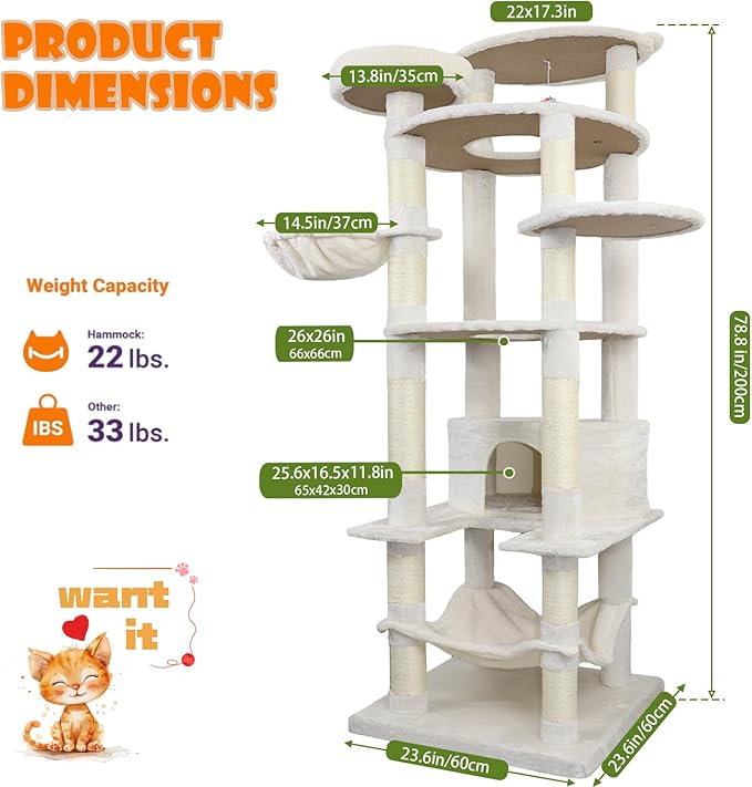 78.8" Large Cat Tree Tower for Indoor Kitties, Multi-Level Furniture Activity Center for Tall Cat Condo with Cozy Perches,Sisal Scratching Posts,Hammock and Basket