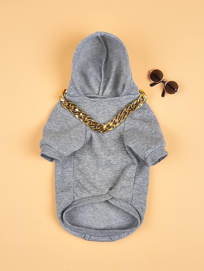 QWINEE 3Pcs Dog Hoodie Cat Apparel Dog Custume Set with Necklace and Sunglasses Pet Clothes for Puppy Small Medium Dogs Cats Grey XL