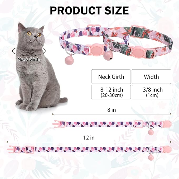Breakaway Cat Collars for Girl Boy Cats, Spring Summer All Weather Cat Collar Personalized Pattern 2 Pack,Cute Classic Safety Buckles and Bells,Adjustable Printed Nylon Colorful Kitten Collar