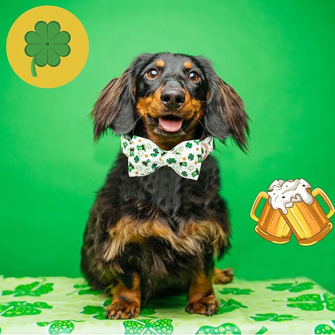 Lionheart glory Dog Bow Collar St. Patrick's Day Dog Collar for Large Dogs, Adjustable Green Collars Lucky Clover Shamrock Dog Collar with Bowtie Pet Collar Bows