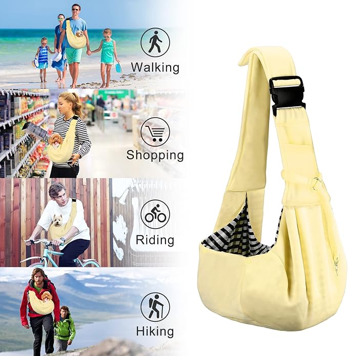 PETLOFT Reversible Dog Cat Sling Carrier, Small Dog Carrier, Adjustable Dog Sling, Hands Free Cross Body Carrier with Collar Hook for Dog/Cat/Bunny up to 11lb (Beige)