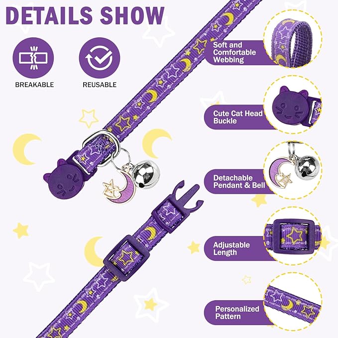 SCENEREAL Breakaway Cat Collar with Bell, 3 Pack Safety Adjustable Cat Collars with Pendant, Spring Summer Personalised Puppy Kitten Collar with Bowtie for Boys Girls, Star and Moon Elements