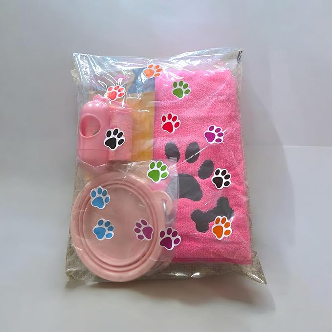Pet Accessories Set, Pink Towel with Paw Print and Bone Designs, Collapsible Bowl, Waste Bag Dispenser