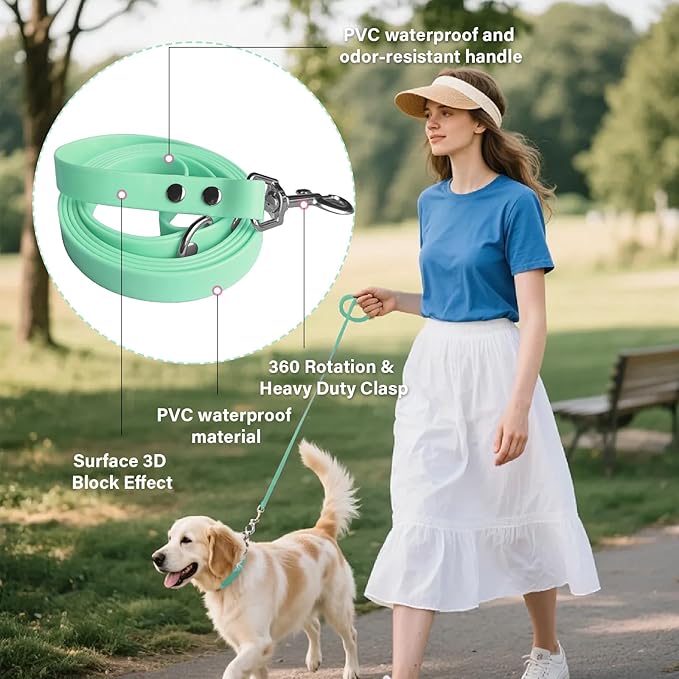 4.2FT Dog Collar and Leash Set, PVC Waterproof Adjustable Odor Proof Pet Collars Leashes, Easy to Clean, Surface 3D Cube Effect, Dog Leash for Small Dogs, Light Green